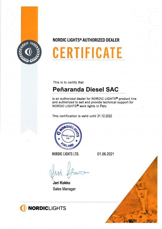 CERTIFICADO DISTRIBUIDOR EXCLUSIVO DE FAROS NORDIC LIGTHS PARA PERU